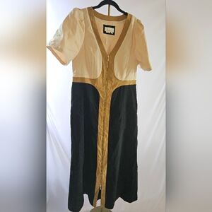 Anthropologie Cream and Black Midi Dress with Gold Accents